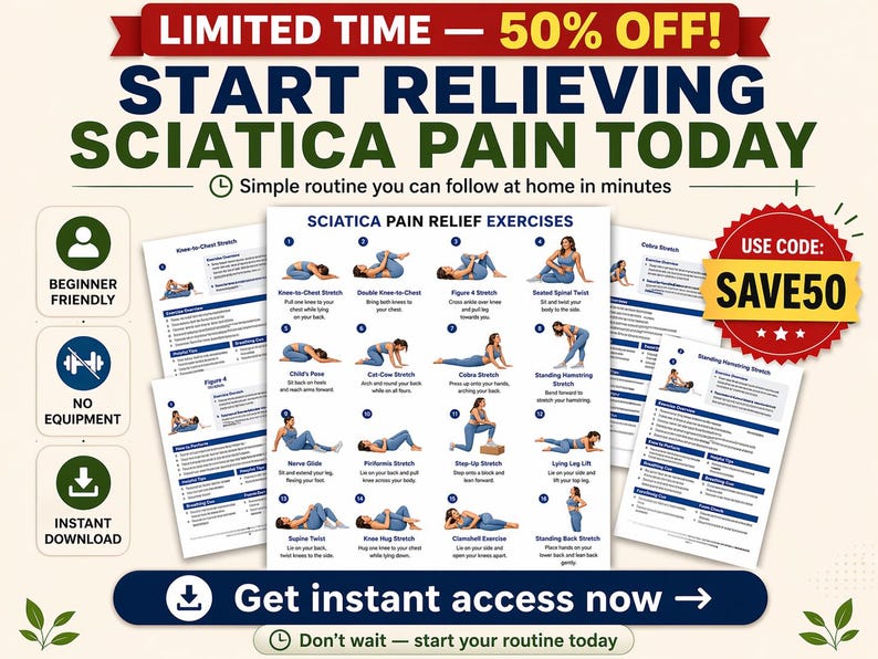 Sciatica Exercises Printable, Gentle Lower Back & Hip Stretch Routine, Sciatic Nerve Mobility Chart PDF — original Etsy mockup 10