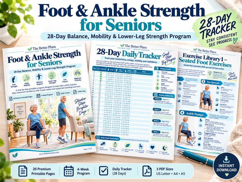 28 Day Foot & Ankle Workout for Seniors, Printable Balance Mobility Exercise Plan, Low Impact Senior Fitness PDF with Tracker — original Etsy mockup 9