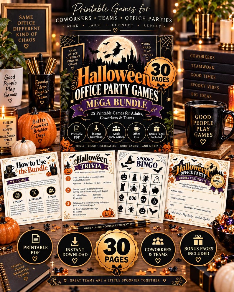 Halloween Office Party Games Mega Bundle, 30 Printable Games for Work, Coworker Team Building Activities, Adult Halloween Games PDF — original Etsy mockup 3