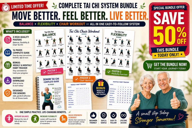 Senior Tai Chi Exercise Bundle, Balance, Flexibility, Chair Workout (PDF) — original Etsy mockup 7