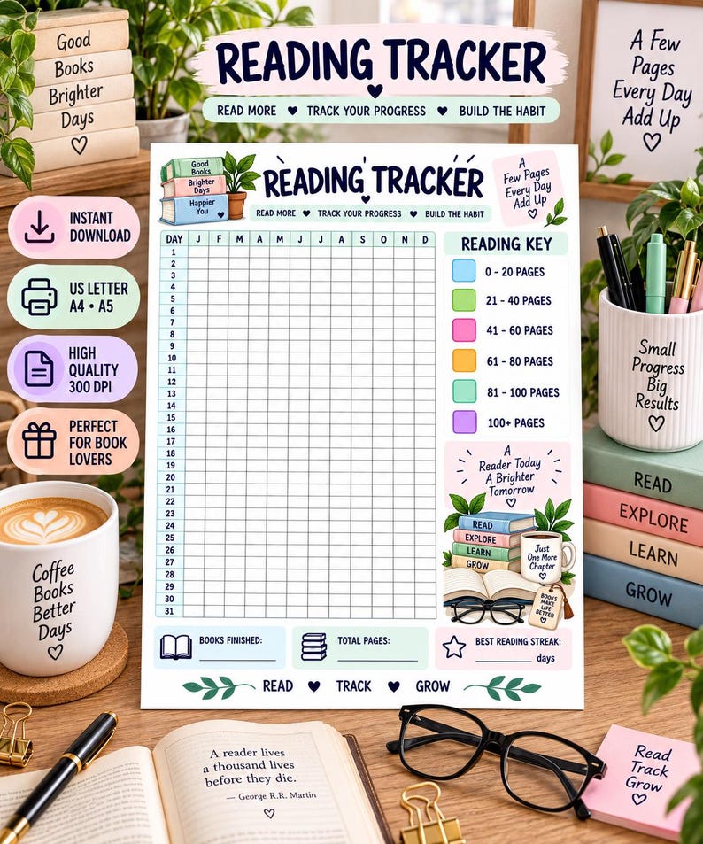Reading Tracker Printable, Book Tracker, Daily Reading Log, Reading Challenge, Book Lover Planner, Reading Habit Tracker, Digital PDF — original Etsy mockup 7