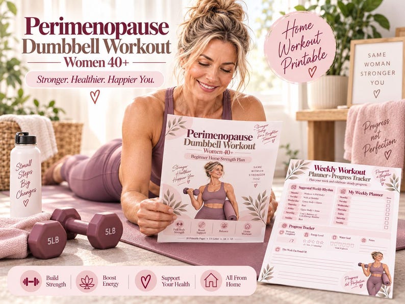 Perimenopause Dumbbell Workout for Women 40+, Beginner Home Strength Plan Printable — original Etsy mockup 2