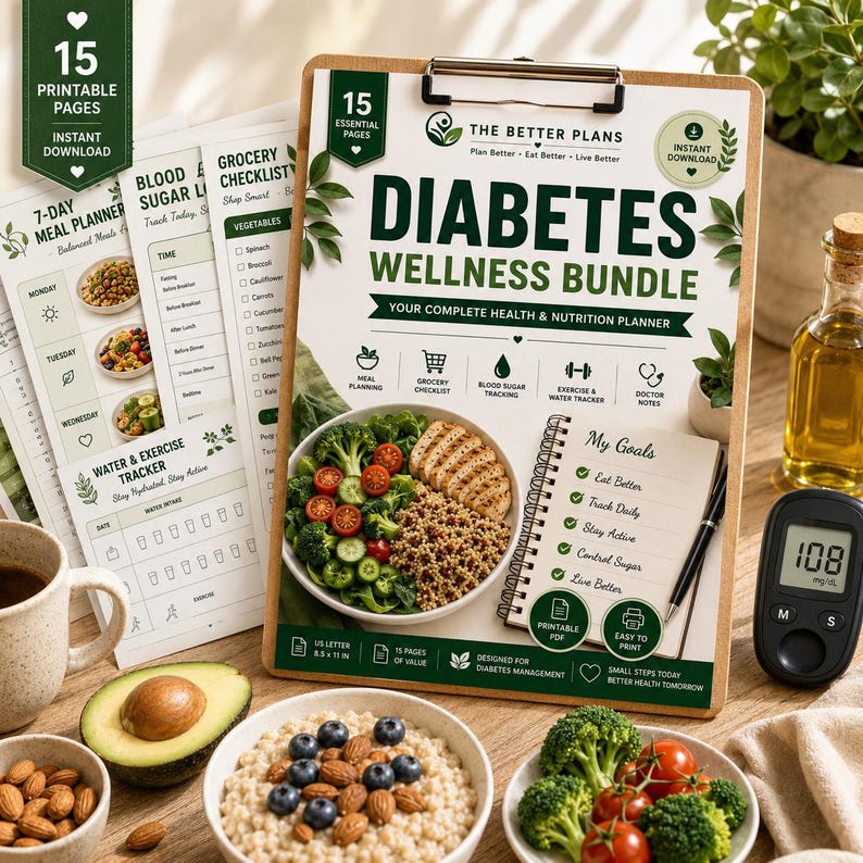 Diabetes Wellness Bundle | Blood Sugar Log, Meal Planner, Grocery Checklist, Low GI Foods, Diabetes Tracker — original Etsy mockup 10