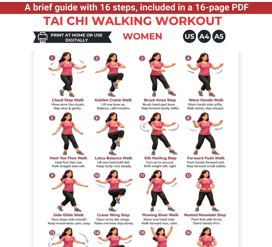 Printable Tai Chi Walking Workout Chart for Women, Seniors Balance ...