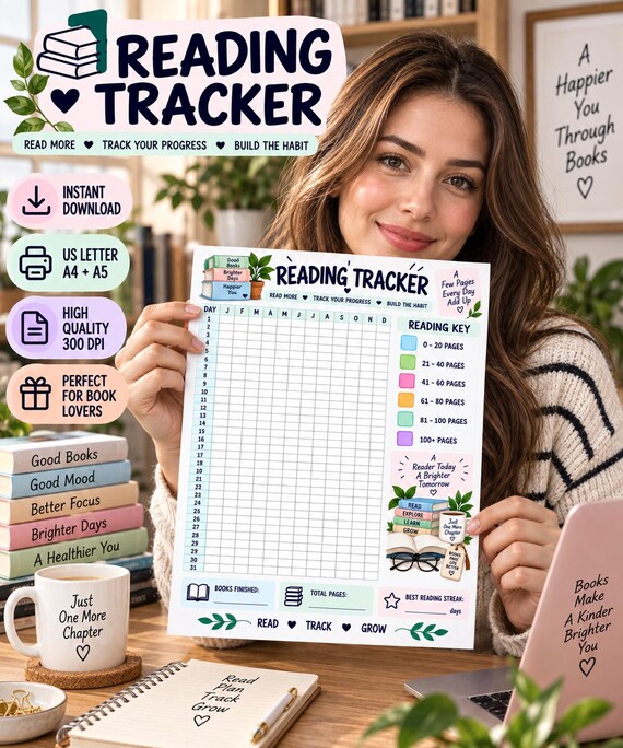 Book Tracker Printable, Reading Challenge, Book Lover Gift, Daily Reading Habit Log, Reading Journal Insert, Books Read Tracker