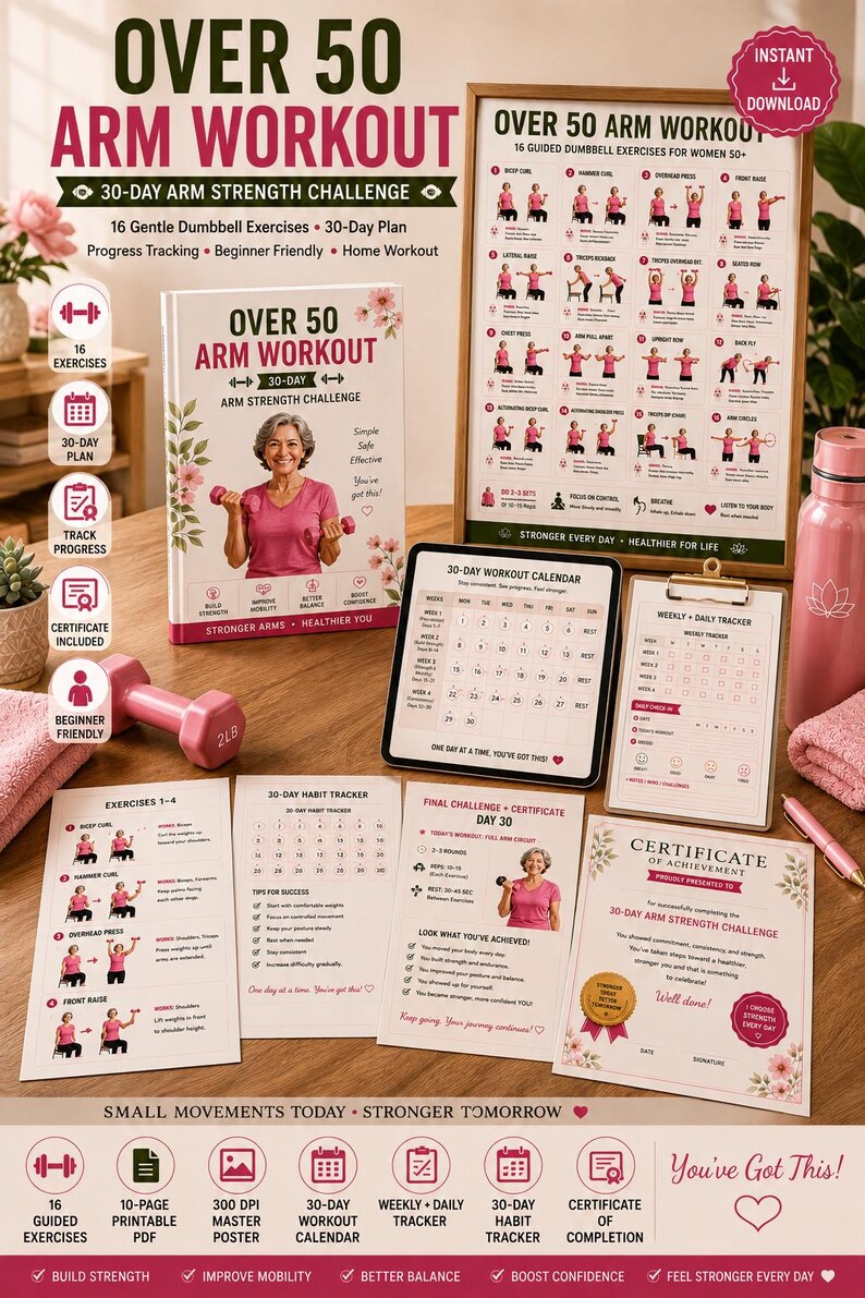 Over 50 Arm Workout Poster | 16 Dumbbell Exercises, Strength Guide (Digital Download) — original Etsy mockup 3