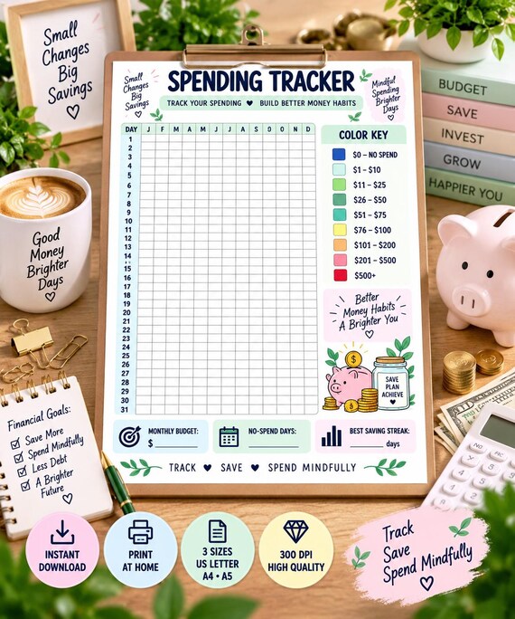 Spending Tracker Printable, Expense Tracker, No Spend Challenge, Budget Planner, Money Saving Habit Tracker, Financial Planner PDF