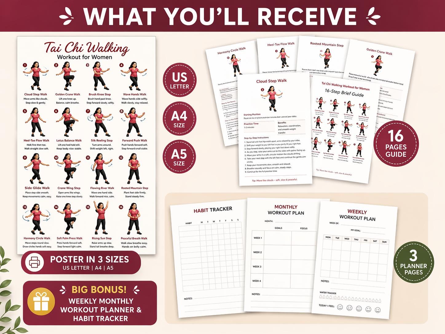 Printable Tai Chi Walking Workout Chart for Women, Seniors Balance ...