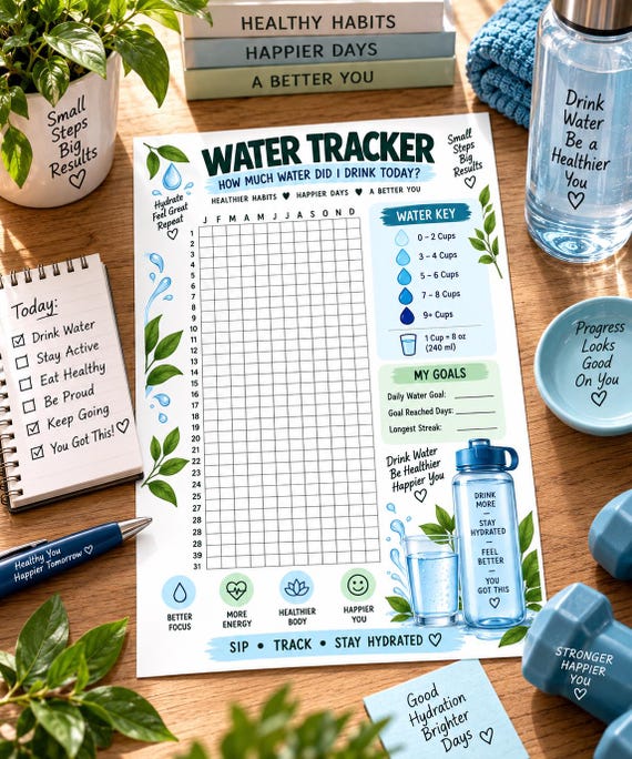 Daily Water Intake Tracker Printable, Hydration Log, Healthy Habit Planner, Water Drinking Challenge, Wellness Journal, Instant Download