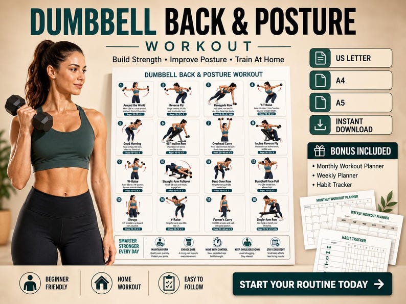 Dumbbell Back Workout Printable | Posture & Upper-Body Strength Exercise Chart — original Etsy mockup 5