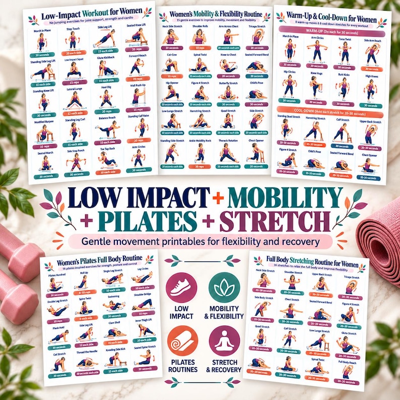 Home Workout Bundle for Women, 20 Exercise Posters + 8 Fitness Planners, Strength Dumbbell Pilates Mobility Printable PDF — original Etsy mockup 3