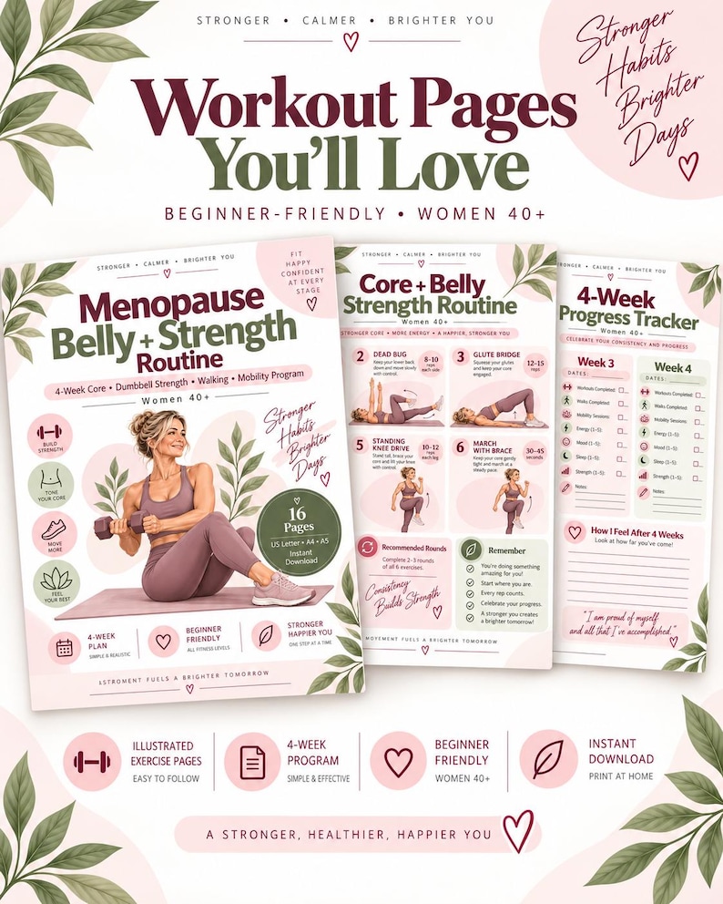 Women 40+ Strength Workout Plan, Menopause Core & Dumbbell Routine, 4-Week Walking Fitness Printable — original Etsy mockup 6