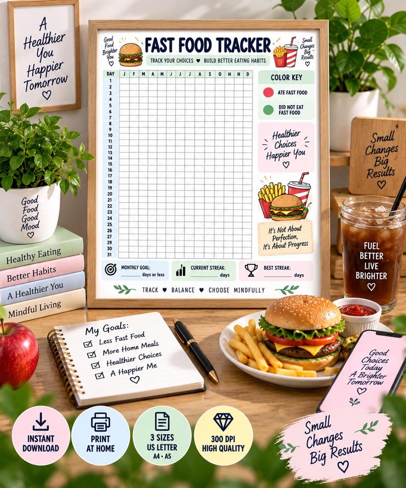 Fast Food Tracker Printable, Healthy Eating Habit Tracker, Food Journal, Monthly Meal Tracker, Wellness Planner, Digital Download PDF — original Etsy mockup 3