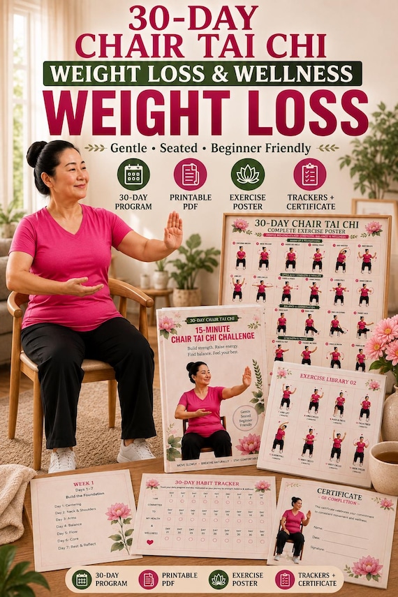 Tai Chi Chair Workout Weight Loss | 30 Day Chair Exercise Plan, Senior Wellness Printable 10 Pages Guide