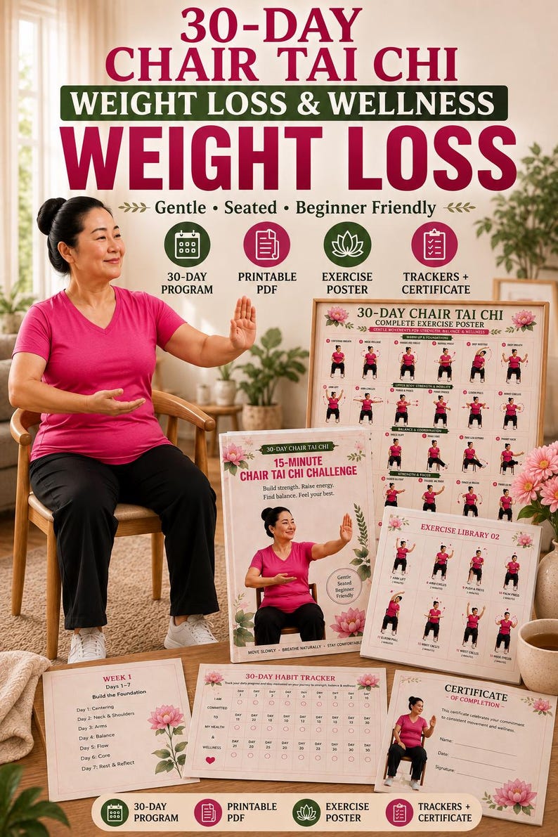 Tai Chi Chair Workout Weight Loss | 30 Day Chair Exercise Plan, Senior Wellness Printable 10 Pages Guide – mockup 1
