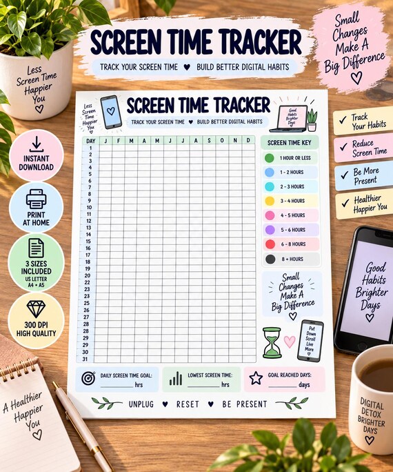 Screen Time Tracker Printable, Digital Wellness Habit Tracker, Phone Usage Log, Monthly Screen Time Chart, Digital Detox Planner PDF