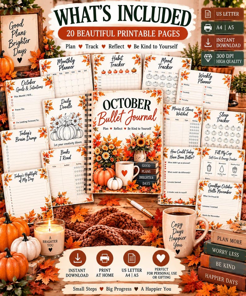 October Planner Printable, Fall Pumpkin Bullet Journal, 20 Page Habit Tracker, Mood Tracker, Self Care Journal PDF — original Etsy mockup 4