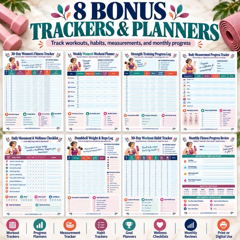 Home Workout Bundle for Women, 20 Exercise Posters + 8 Fitness Planners, Strength Dumbbell Pilates Mobility Printable PDF — original Etsy mockup 4