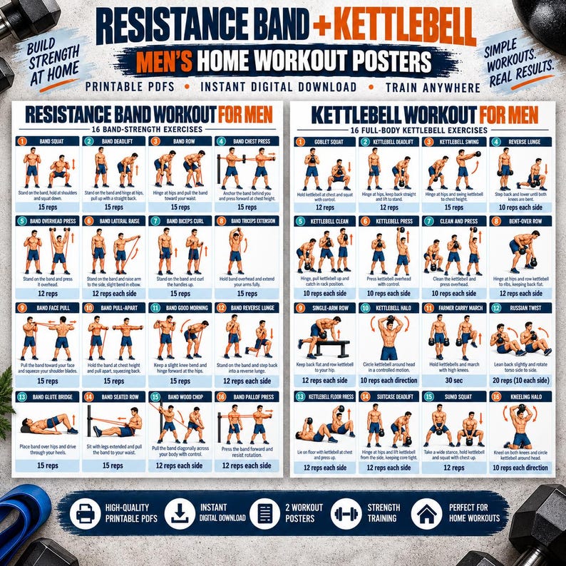 Men's Home Workout Printable Bundle, 20 Strength Posters + 8 Fitness Logs, Push Pull Legs Dumbbell Calisthenics PDF — original Etsy mockup 8