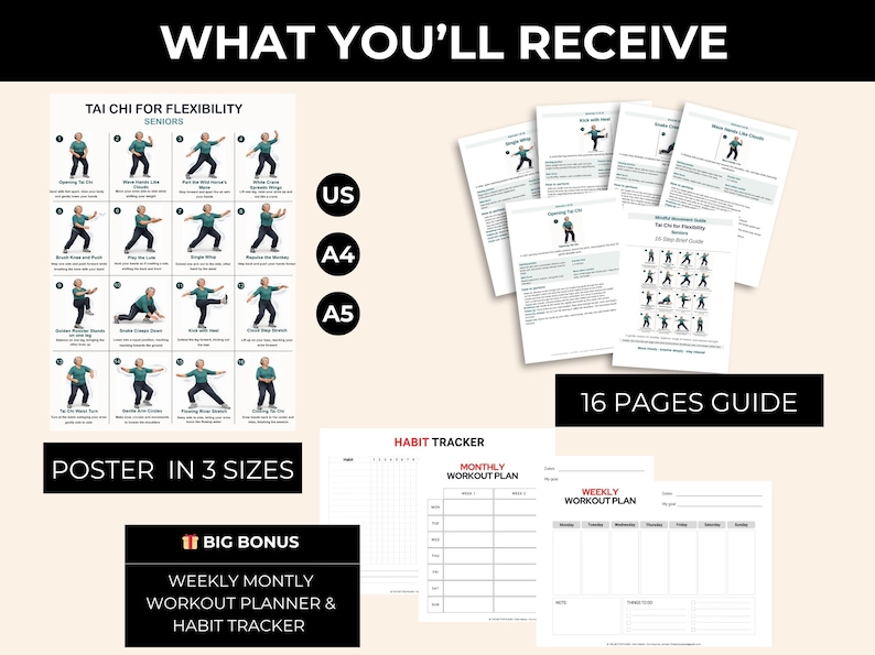 Printable Tai Chi Flexibility Workout Chart for Seniors (PDF Download) — original Etsy mockup 3
