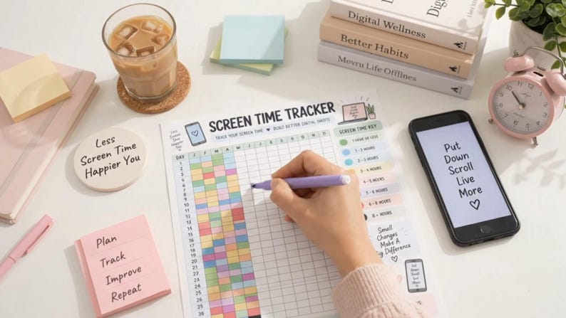 Screen Time Tracker Printable, Digital Wellness Habit Tracker, Phone Usage Log, Monthly Screen Time Chart, Digital Detox Planner PDF — original Etsy mockup 5