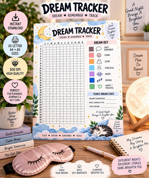 Dream Tracker Printable, Yearly Dream Log, Daily Dream Journal, Sleep Tracker, Dream Recall Tracker, Self Care Planner, Instant Download PDF