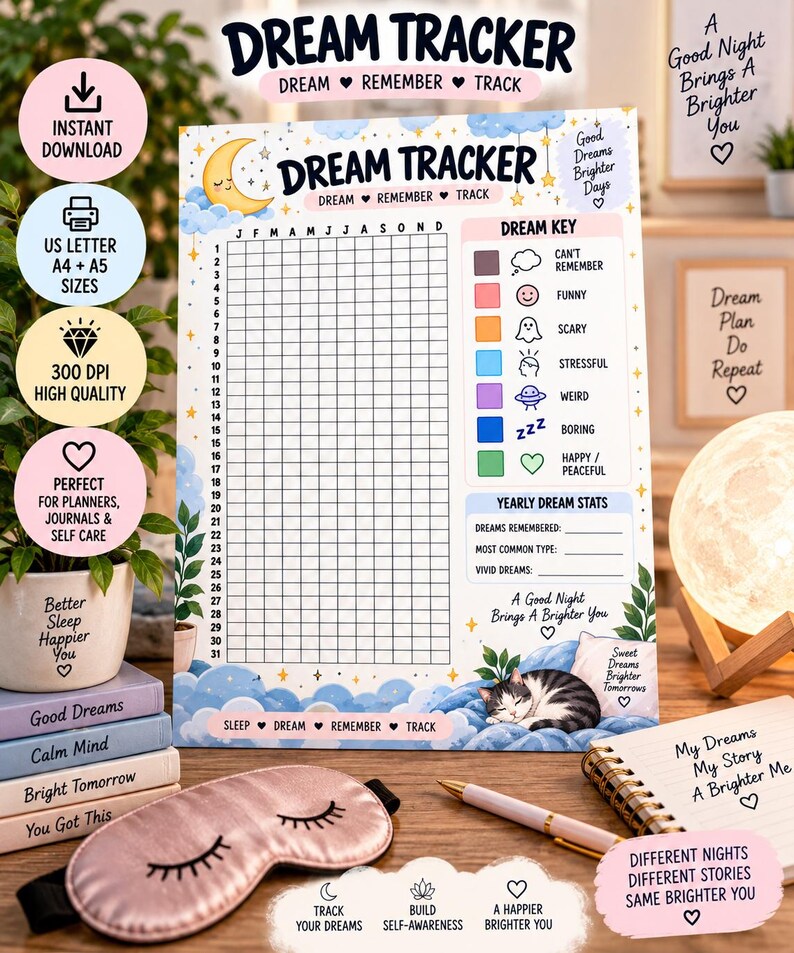 Yearly Dream Tracker, Dream Journal Printable, Daily Dream Log, Dream Recall Journal, Sleep Diary, Dream Mood Tracker, Planner Insert PDF — original Etsy mockup 2
