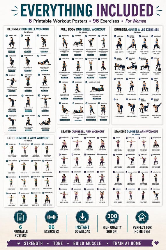 Printable Dumbbell Workout Bundle | Full Body, Arms, Legs, Glutes Exercise Charts (Digital Download)