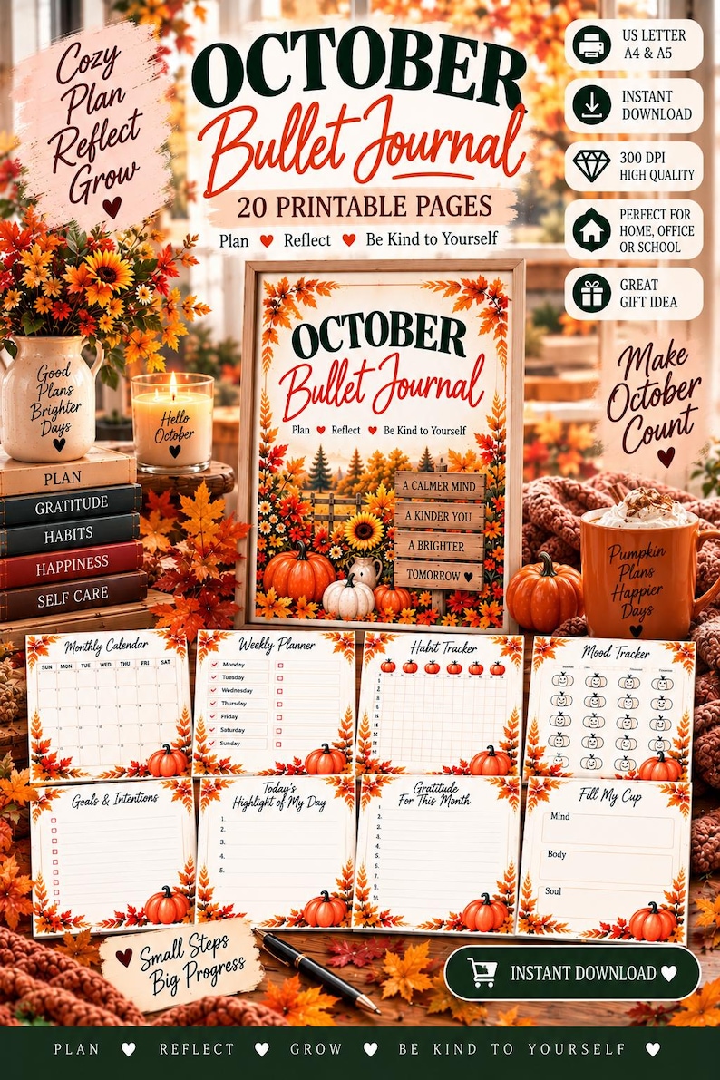 October Planner Printable, Fall Pumpkin Bullet Journal, 20 Page Habit Tracker, Mood Tracker, Self Care Journal PDF — original Etsy mockup 9