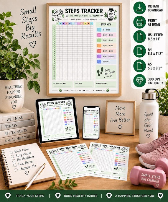 Walking Tracker Printable, 10,000 Steps Challenge, Daily Activity Tracker, Step Count Log, Fitness Goal Planner, Habit Tracker PDF