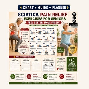 Op de afbeelding: Een poster met de titel "Sciatica Pijnverlichtingsoefeningen voor Senioren". Het bevat afbeeldingen van oefeningen, een dagelijkse routine van 10 minuten en gratis bonusplannen. Twee senioren demonstreren de oefeningen.