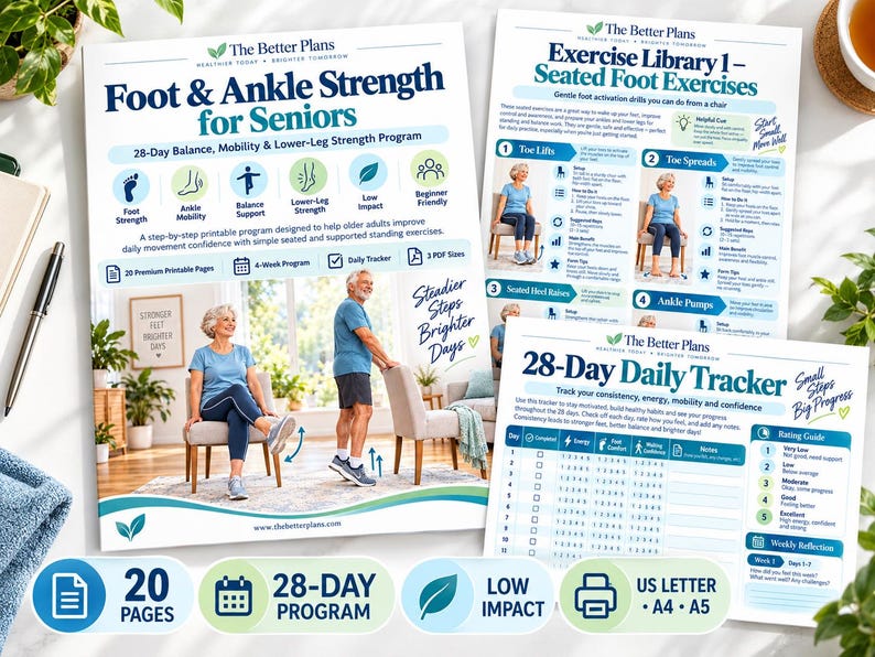 28 Day Foot & Ankle Workout for Seniors, Printable Balance Mobility Exercise Plan, Low Impact Senior Fitness PDF with Tracker — original Etsy mockup 3