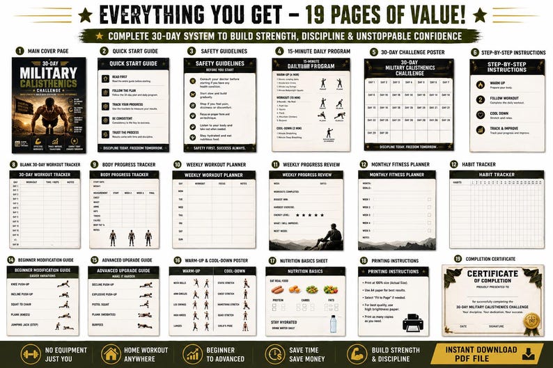 30-Day Military Calisthenics Challenge Printable | No-Equipment Bodyweight Plan — original Etsy mockup 2