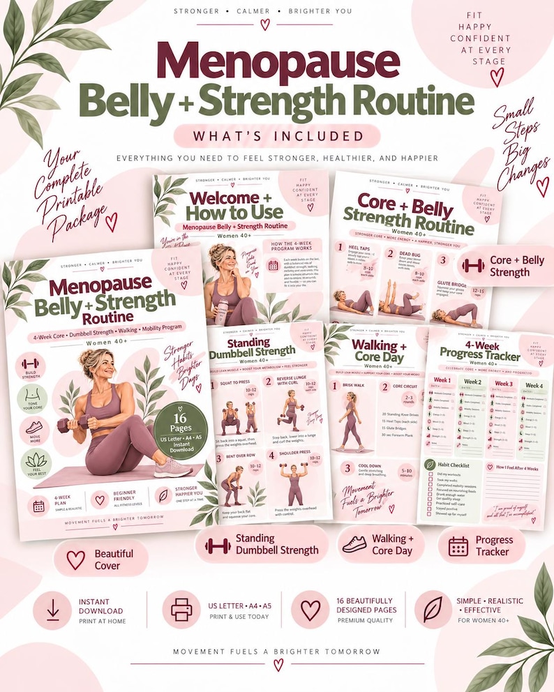 Women 40+ Strength Workout Plan, Menopause Core & Dumbbell Routine, 4-Week Walking Fitness Printable — original Etsy mockup 3