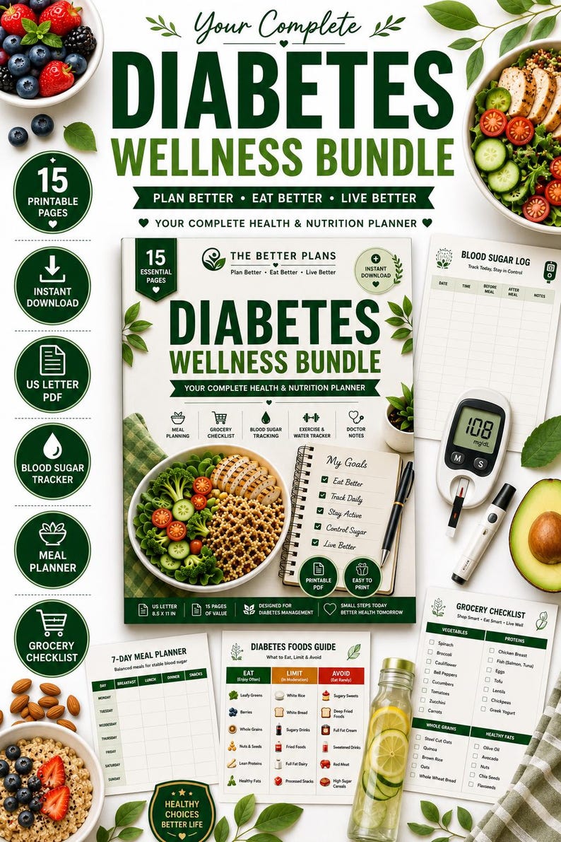 Diabetes Wellness Bundle Printable PDF | Blood Sugar Log, Meal Planner, Grocery Checklist, Low GI Foods, Diabetes Tracker — original Etsy mockup 2