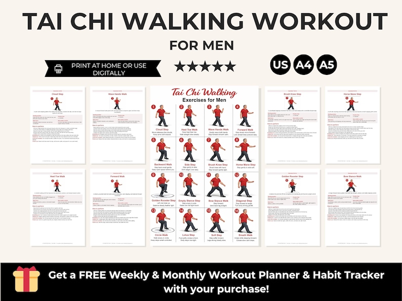 Tai Chi Walking Workout for Men Printable, Senior Balance & Mobility Exercise Chart, Gentle Fitness Routine PDF — original Etsy mockup 2