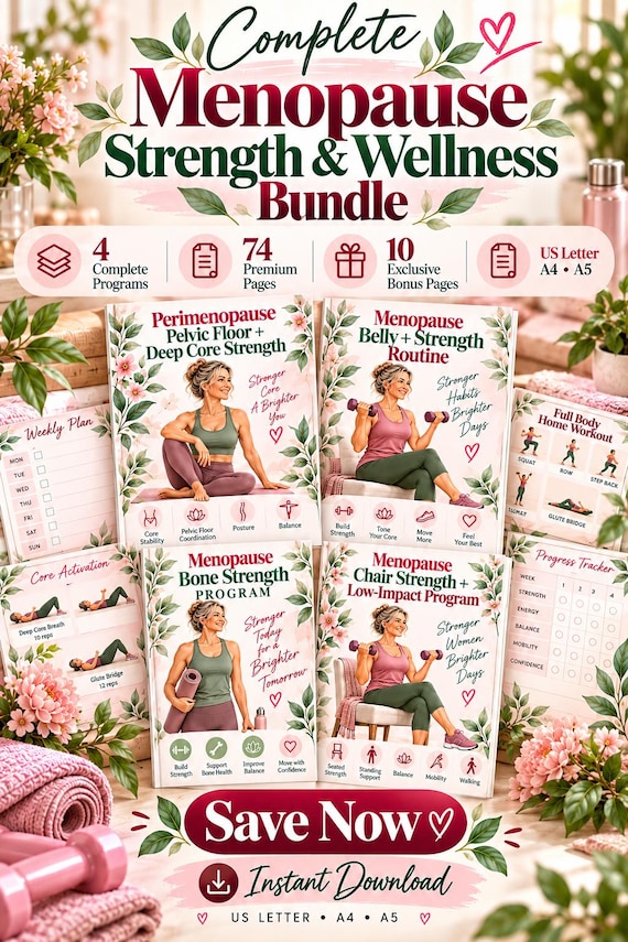 Menopause Workout Bundle, Chair Strength, Bone Strength, Core & Pelvic Floor, 74-Page PDF