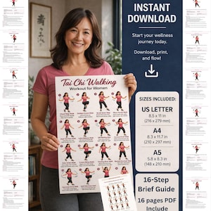 Puede incluir: Una mujer sostiene un póster titulado "Tai Chi Walking Workout for Women". El póster muestra pasos de Tai Chi ilustrados. El texto incluye "Descarga instantánea" y opciones de tamaño: US Letter (216 x 279 mm), A4 y A5. Se ven páginas adicionales con ilustraciones.