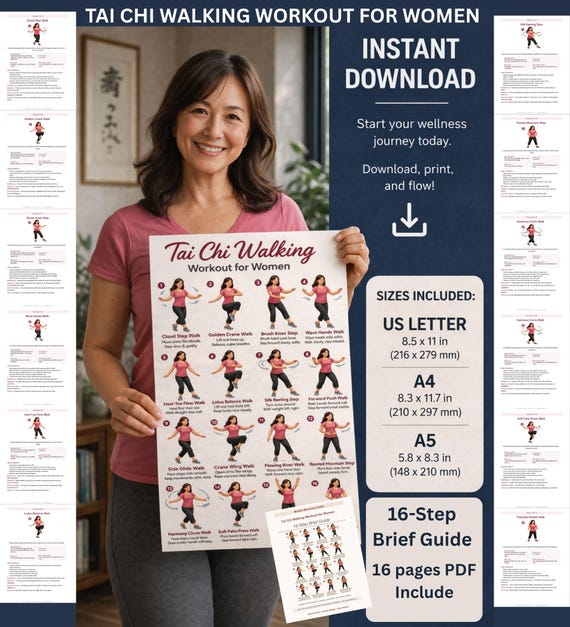Tai Chi Walking Workout Chart for Women, Seniors Balance Exercise (PDF Download)