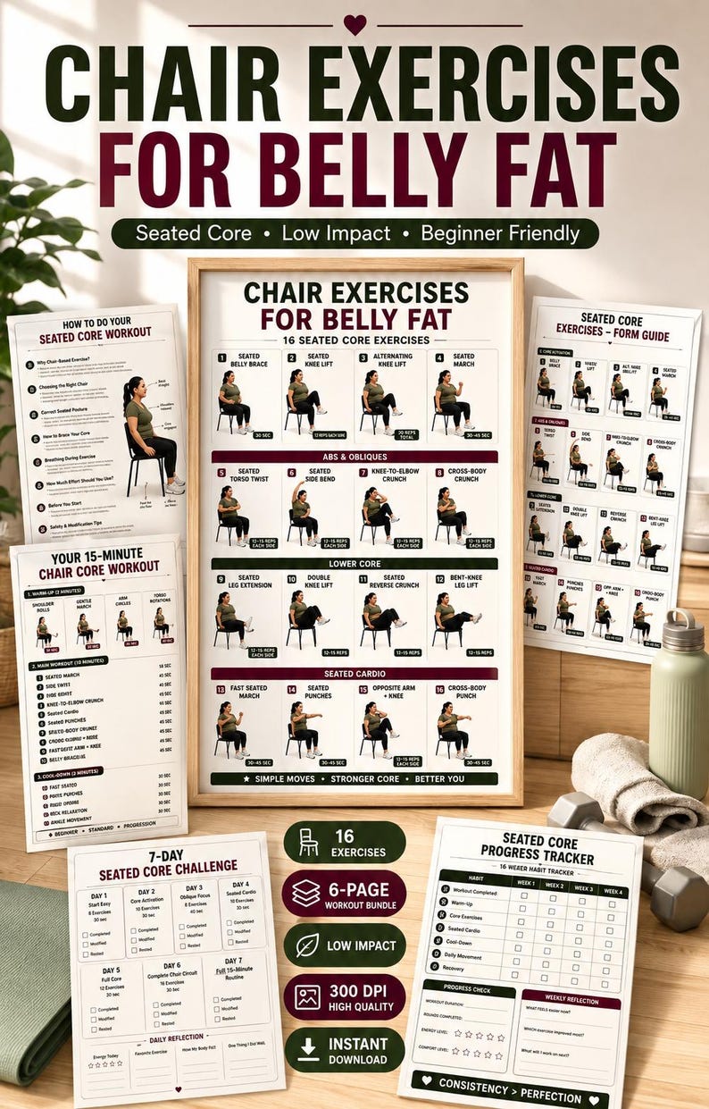 Chair Exercises for Belly Fat | 16 Seated Core Exercises to Strengthen Abs & Support Fat Loss | Printable Low Impact Workout Poster PDF — original Etsy mockup 10