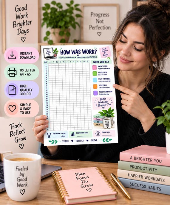 Daily Work Tracker Printable, Career Journal, Workday Reflection Log, Productivity Habit Tracker, Work Life Planner, Employee Self Care PDF