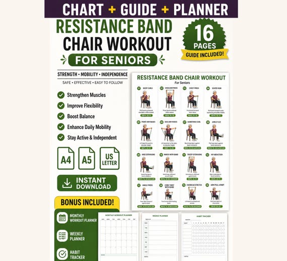 Seated Resistance Band Workout for Seniors Printable | Chair Strength Exercise Chart