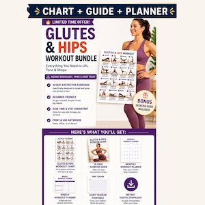 May include: A promotional image for a workout bundle. The image features a woman holding a chart with exercise illustrations. Text includes "GLUTES & HIPS WORKOUT BUNDLE" and "16 EASY & EFFECTIVE EXERCISES". Additional items include a workout chart, exercise guide, and habit tracker.