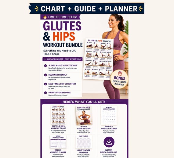 Glutes & Hips Workout Bundle Printable | Lower-Body Exercise Chart Tracker
