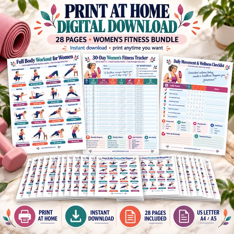 Home Workout Bundle for Women, 20 Exercise Posters + 8 Fitness Planners, Strength Dumbbell Pilates Mobility Printable PDF — original Etsy mockup 7