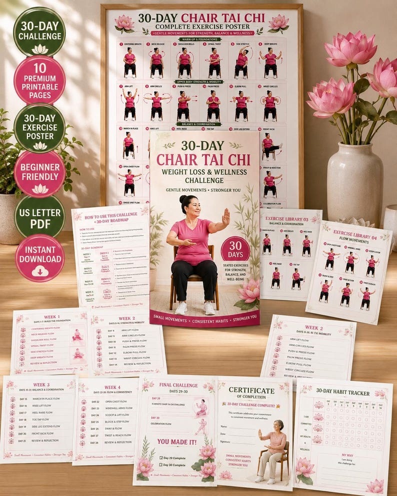 Tai Chi Chair Workout Weight Loss | 30 Day Chair Exercise Plan, Senior Wellness Printable 10 Pages Guide — original Etsy mockup 8
