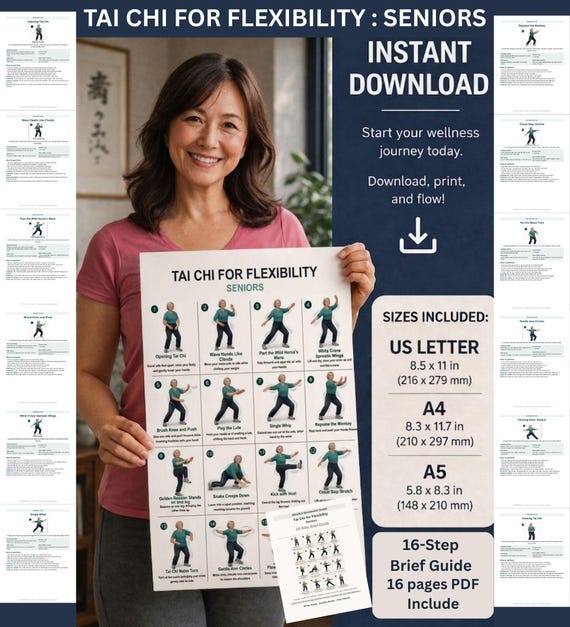 Tai Chi Flexibility Workout Chart for Seniors, Gentle Stretching Routine (PDF Download)