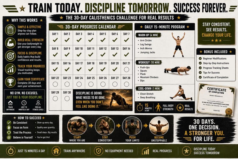 30-Day Military Calisthenics Challenge Printable | No-Equipment Bodyweight Plan — original Etsy mockup 9