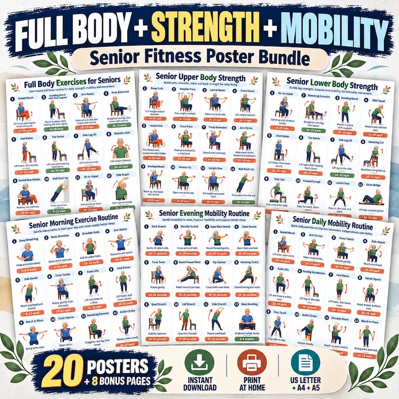 Exercise Posters for Seniors, 20 Low Impact Workout Charts + 8 Planners, Seated Standing Strength Balance PDF — original Etsy mockup 7