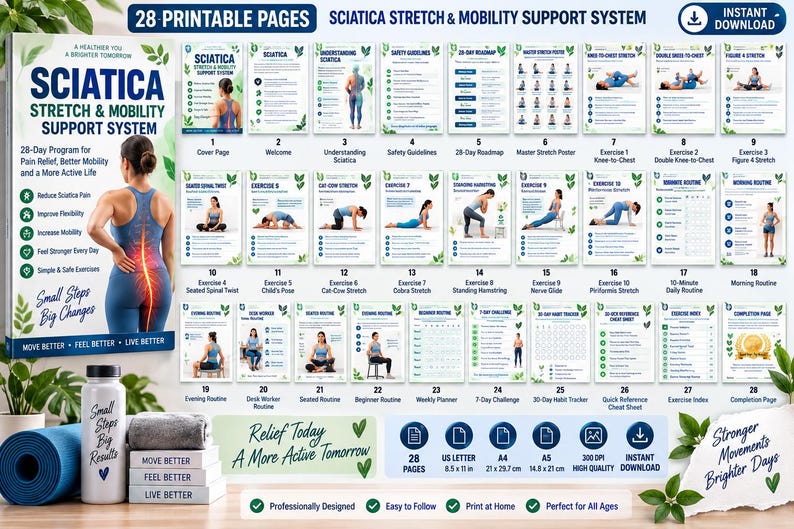 Sciatica Exercises Printable Bundle, Gentle Lower Back Stretches, Nerve Glides & Daily Mobility Routines — original Etsy mockup 5
